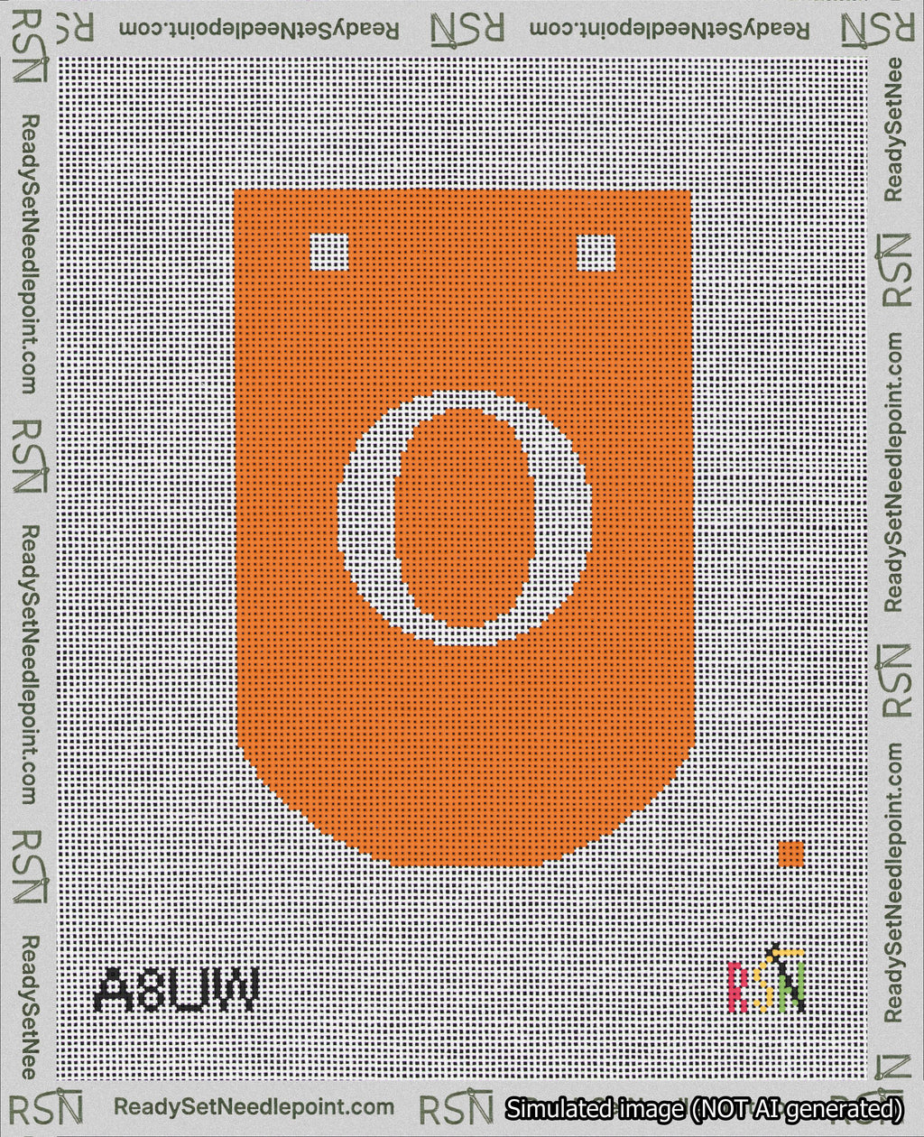 A taped needlepoint canvas with the design: Banner 18 mesh count Curved O White on Orange.