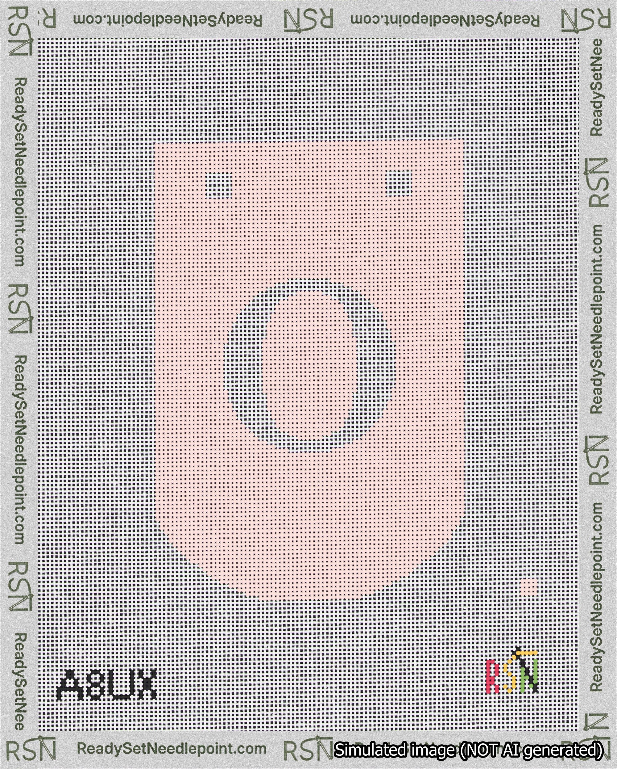 A taped needlepoint canvas with the design: Banner 18 mesh count Curved O White on Pink.