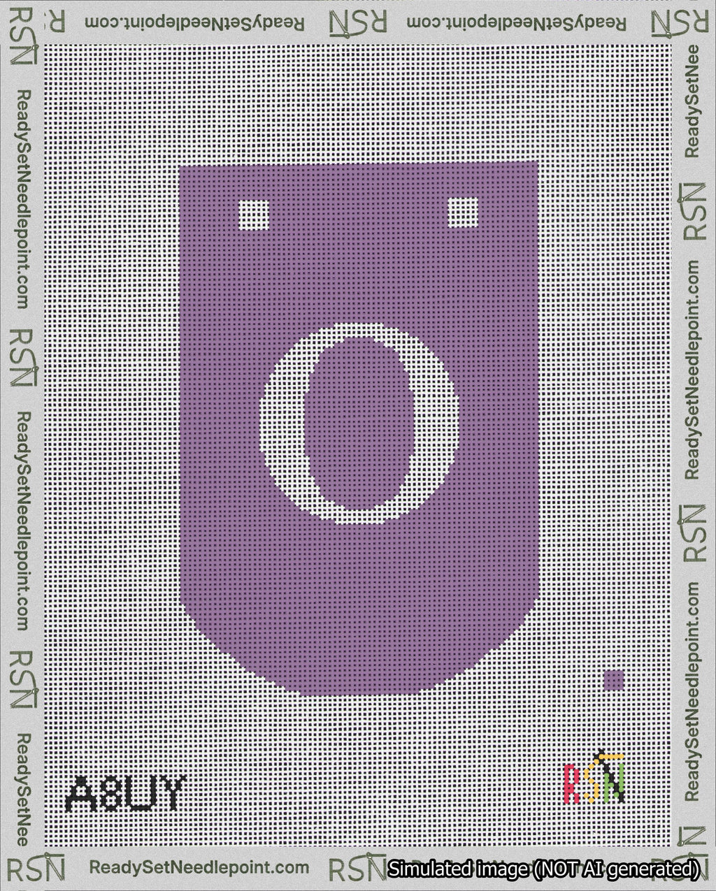 A taped needlepoint canvas with the design: Banner 18 mesh count Curved O White on Purple.