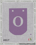 A taped needlepoint canvas with the design: Banner 18 mesh count Curved O White on Purple.