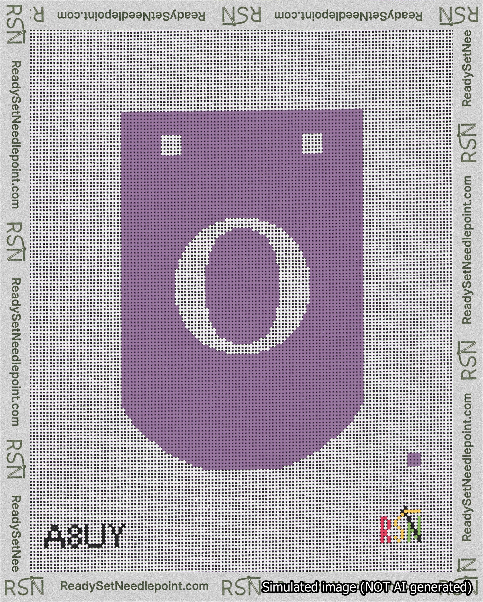 A taped needlepoint canvas with the design: Banner 18 mesh count Curved O White on Purple.