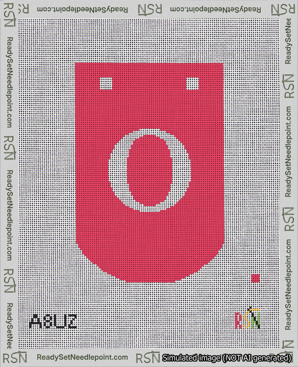 A taped needlepoint canvas with the design: Banner 18 mesh count Curved O White on Red.