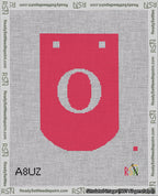 A taped needlepoint canvas with the design: Banner 18 mesh count Curved O White on Red.