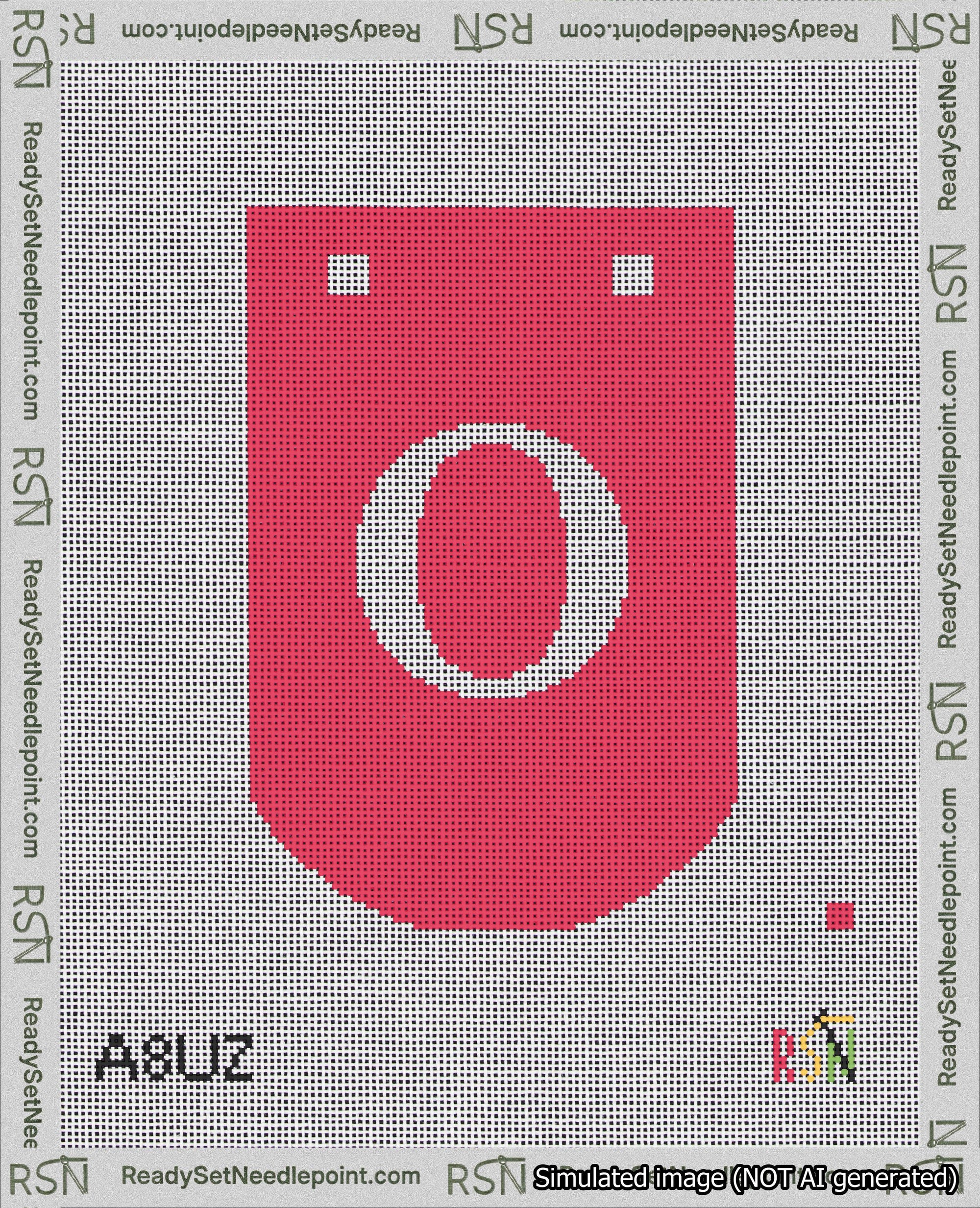 A taped needlepoint canvas with the design: Banner 18 mesh count Curved O White on Red.