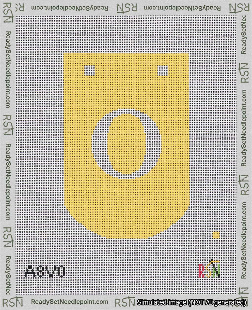 A taped needlepoint canvas with the design: Banner 18 mesh count Curved O White on Yellow.
