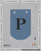 A taped needlepoint canvas with the design: Banner 18 mesh count Curved P Black on Blue.