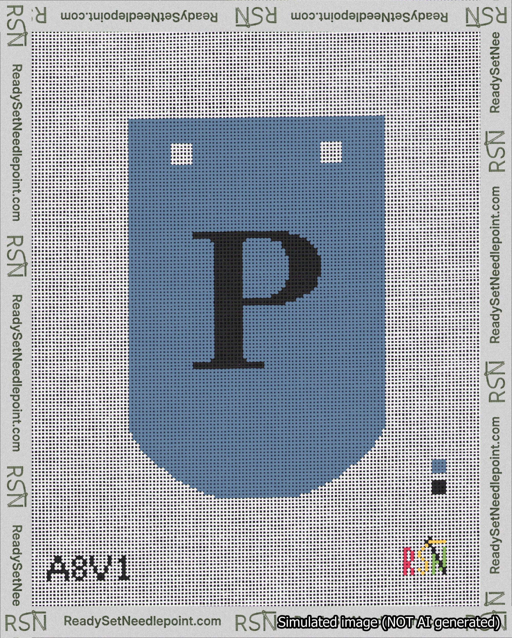 A taped needlepoint canvas with the design: Banner 18 mesh count Curved P Black on Blue.