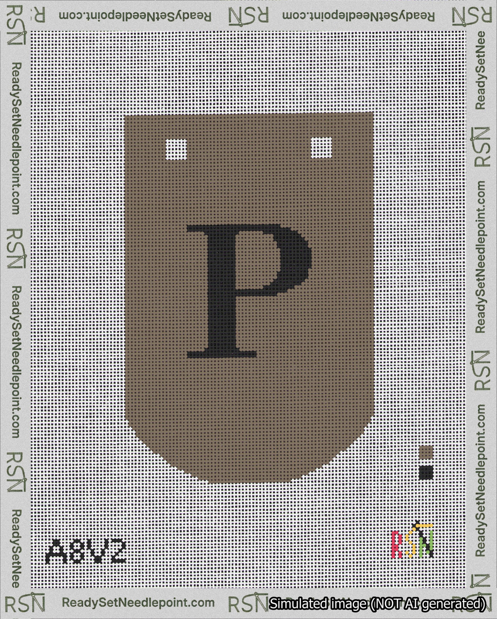 A taped needlepoint canvas with the design: Banner 18 mesh count Curved P Black on Brown.