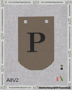 A taped needlepoint canvas with the design: Banner 18 mesh count Curved P Black on Brown.