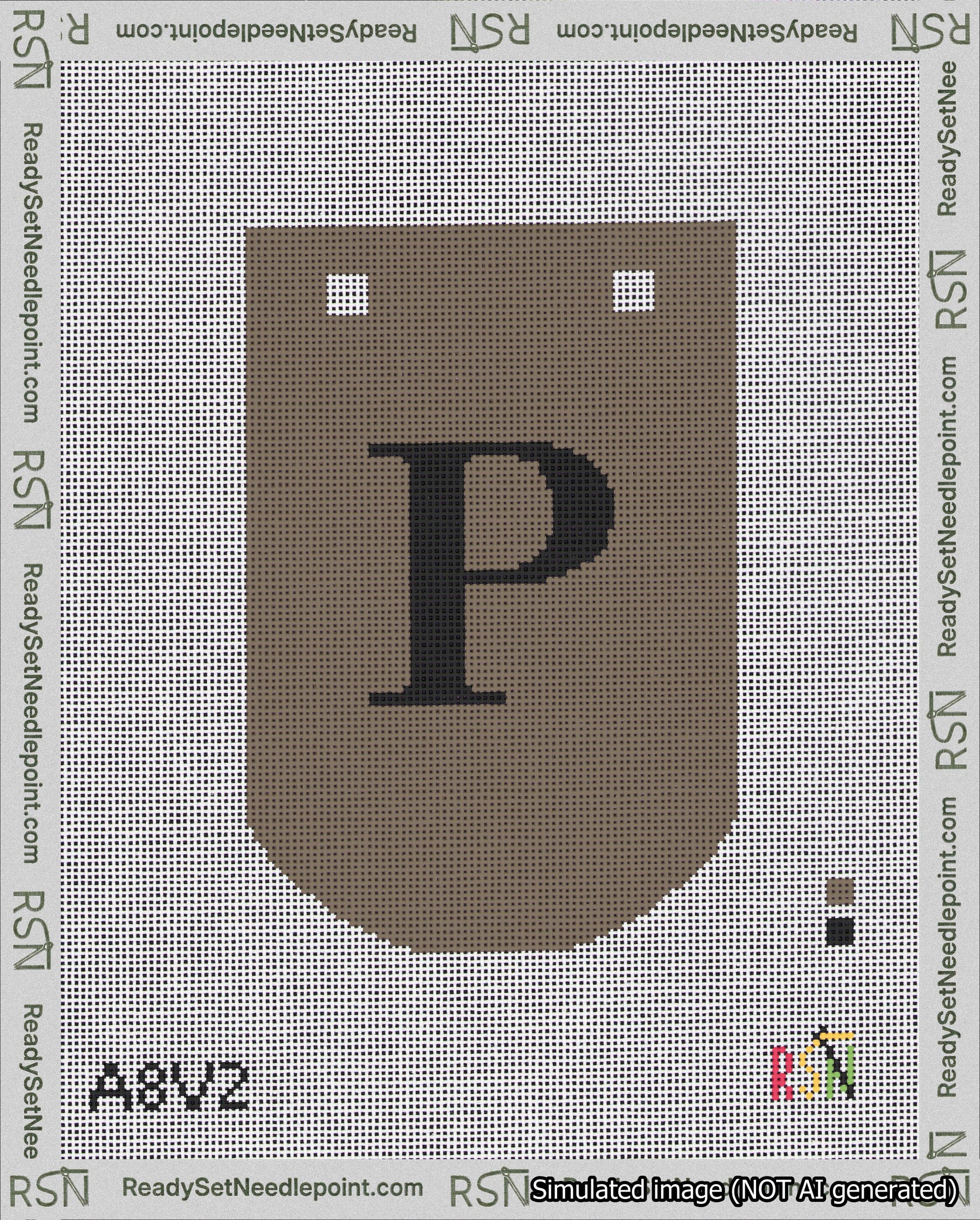 A taped needlepoint canvas with the design: Banner 18 mesh count Curved P Black on Brown.