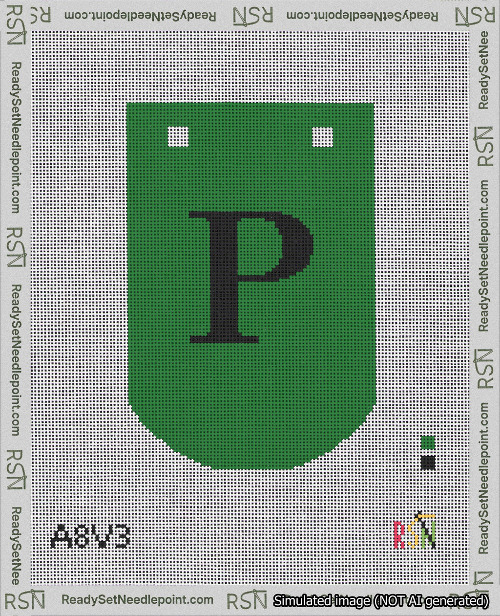 A taped needlepoint canvas with the design: Banner 18 mesh count Curved P Black on Green.