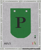 A taped needlepoint canvas with the design: Banner 18 mesh count Curved P Black on Green.