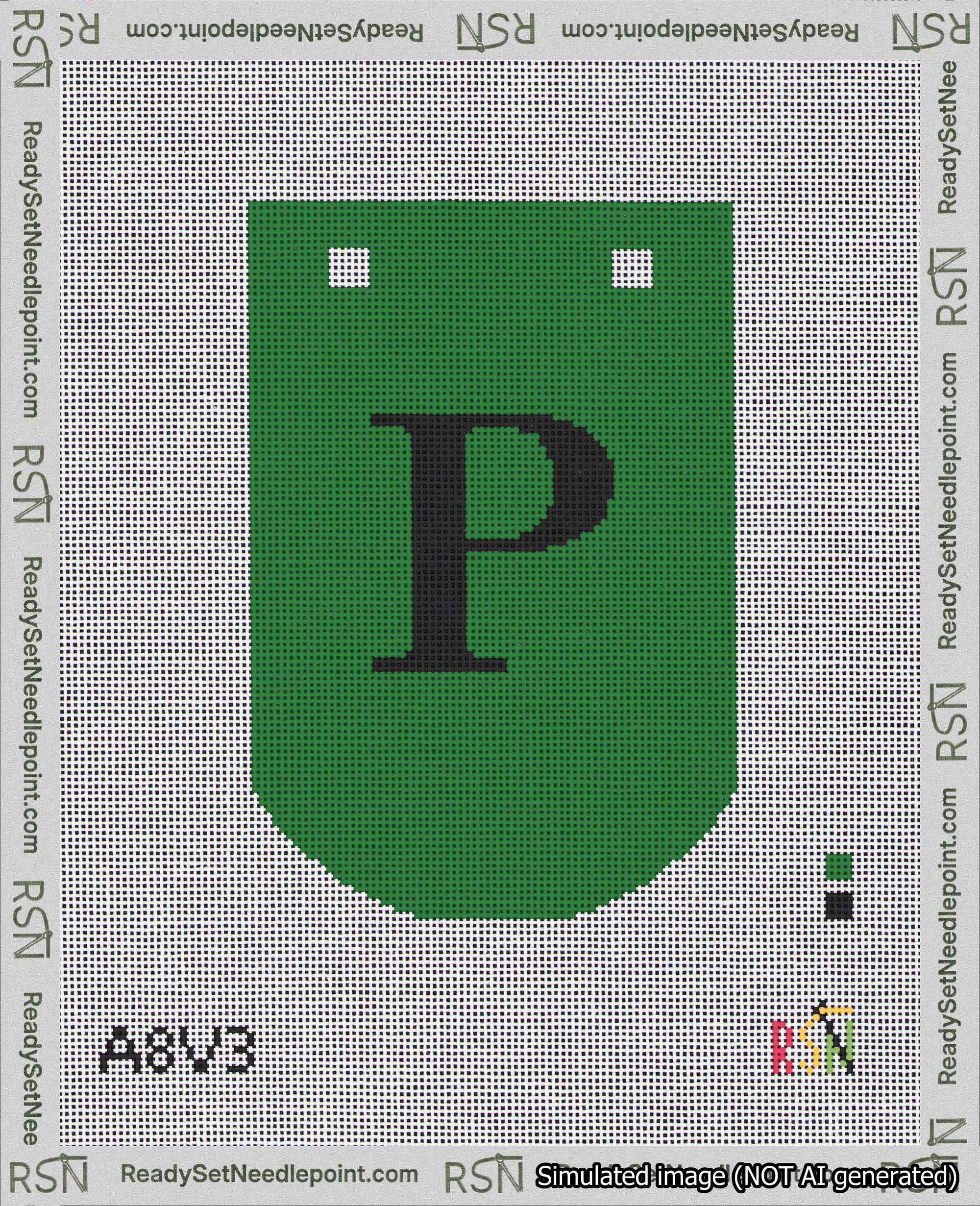 A taped needlepoint canvas with the design: Banner 18 mesh count Curved P Black on Green.