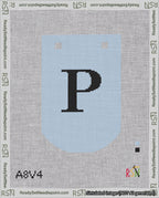 A taped needlepoint canvas with the design: Banner 18 mesh count Curved P Black on Light Blue.