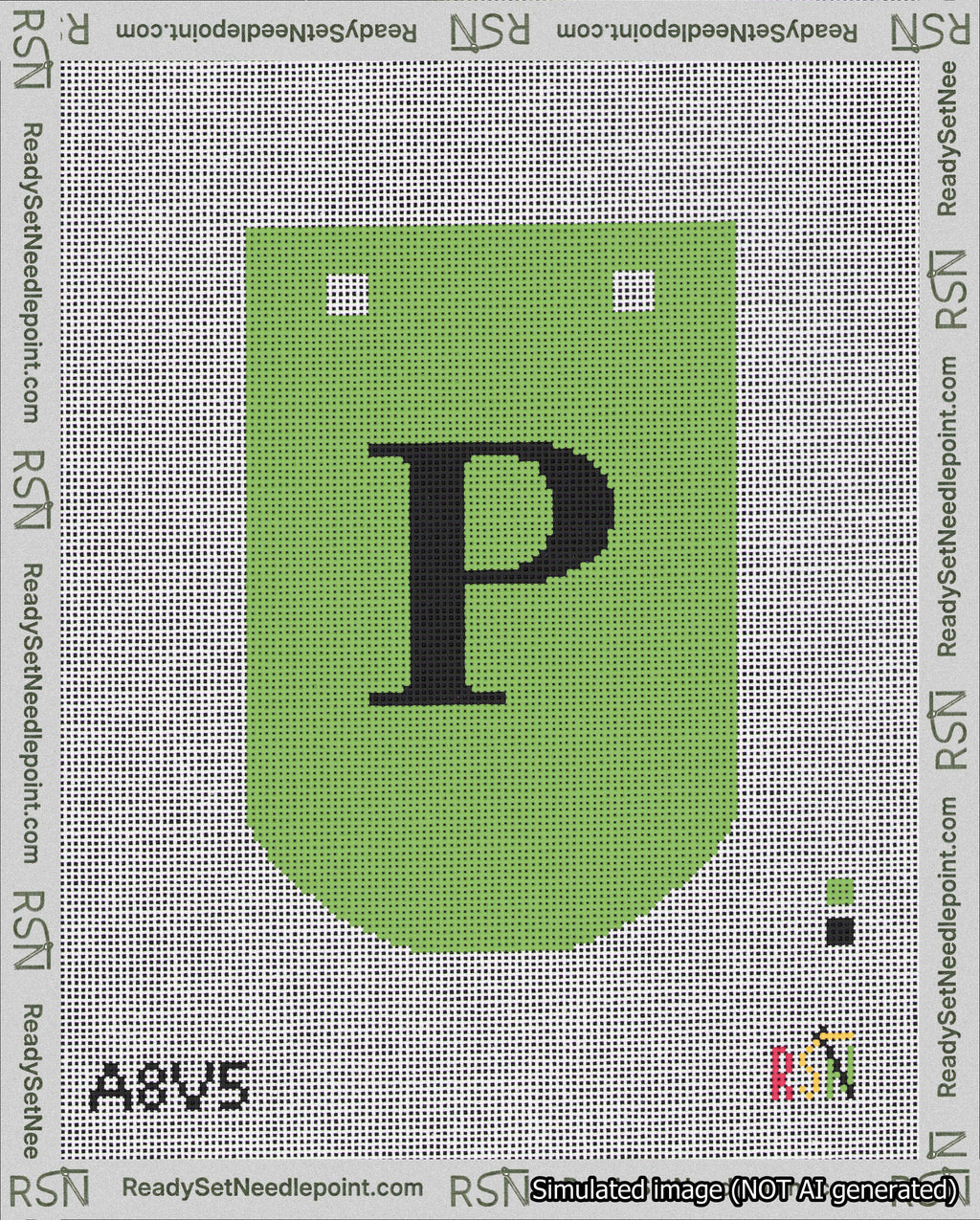 A taped needlepoint canvas with the design: Banner 18 mesh count Curved P Black on Light Green.