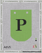 A taped needlepoint canvas with the design: Banner 18 mesh count Curved P Black on Light Green.
