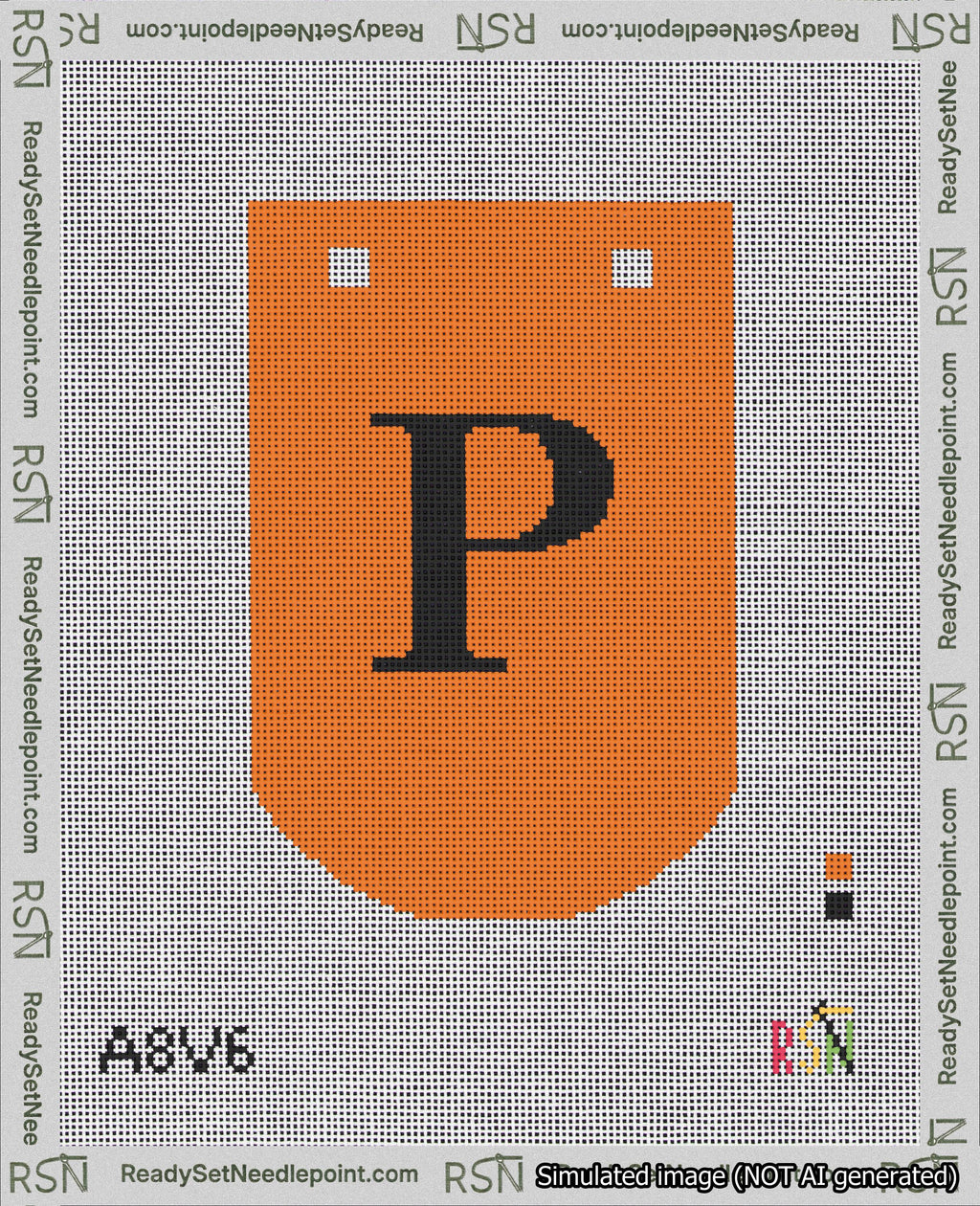 A taped needlepoint canvas with the design: Banner 18 mesh count Curved P Black on Orange.