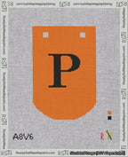 A taped needlepoint canvas with the design: Banner 18 mesh count Curved P Black on Orange.
