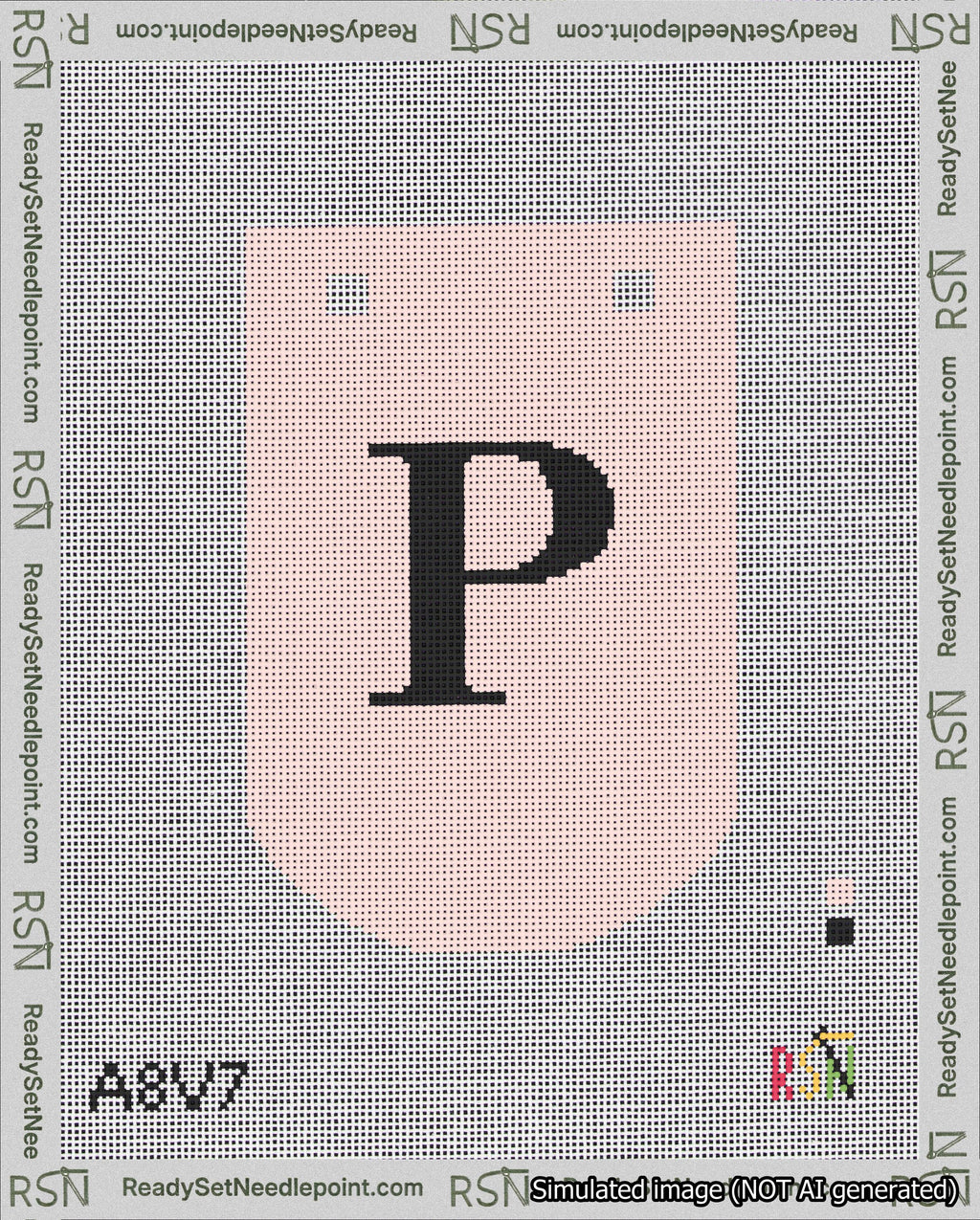 A taped needlepoint canvas with the design: Banner 18 mesh count Curved P Black on Pink.
