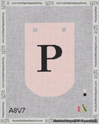 A taped needlepoint canvas with the design: Banner 18 mesh count Curved P Black on Pink.