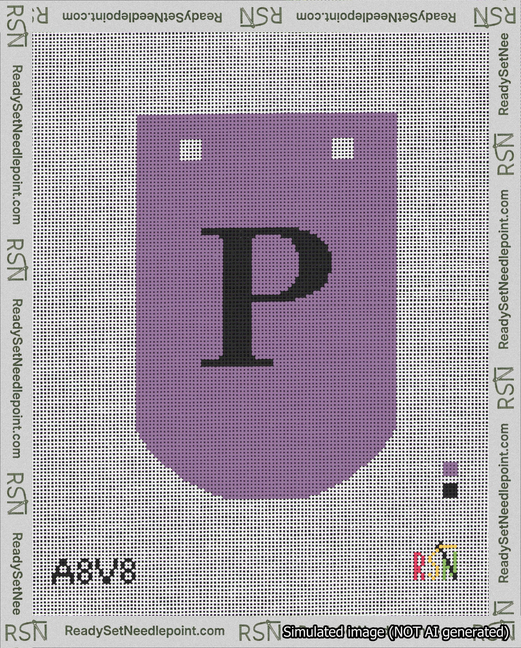 A taped needlepoint canvas with the design: Banner 18 mesh count Curved P Black on Purple.