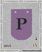 A taped needlepoint canvas with the design: Banner 18 mesh count Curved P Black on Purple.