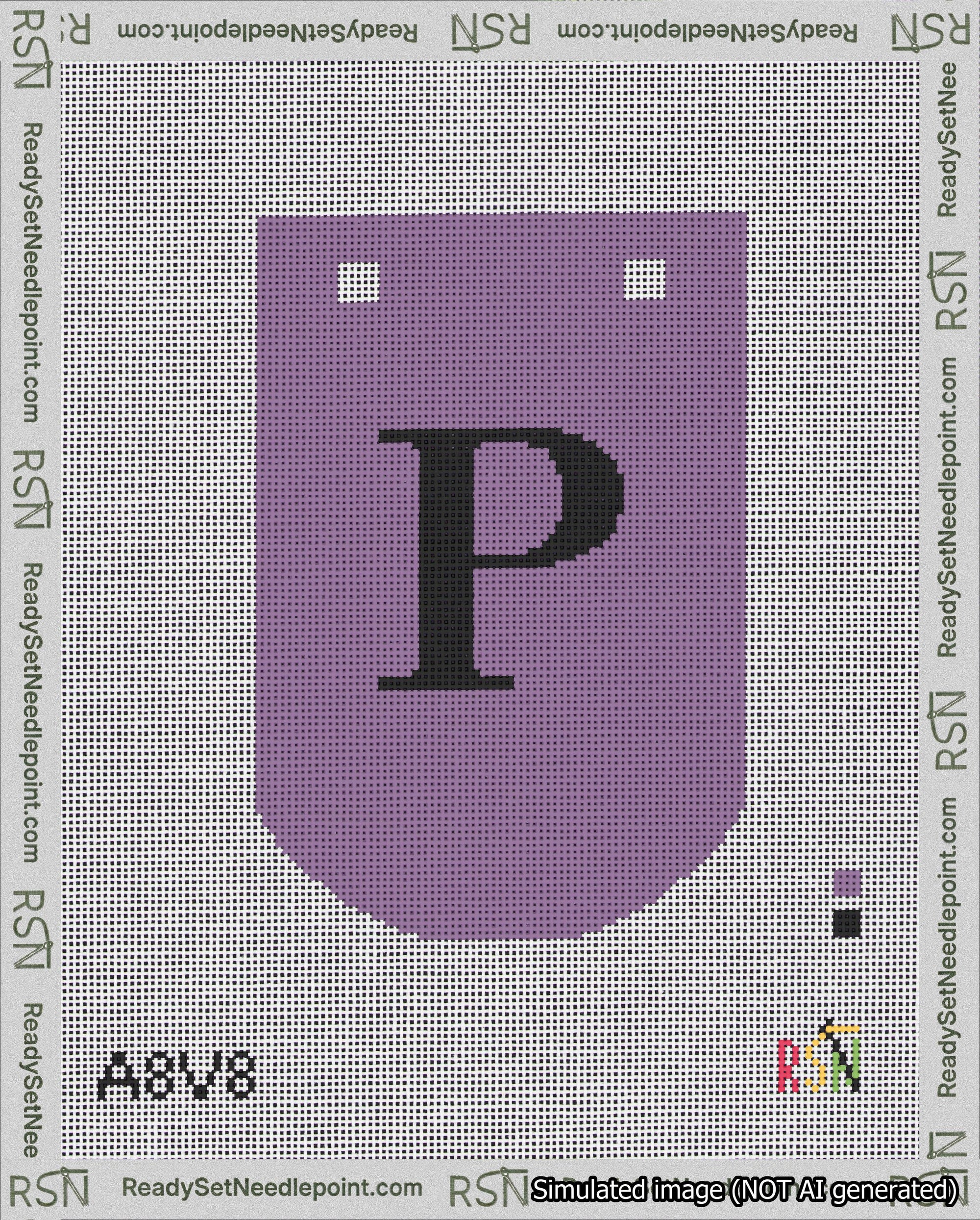 A taped needlepoint canvas with the design: Banner 18 mesh count Curved P Black on Purple.