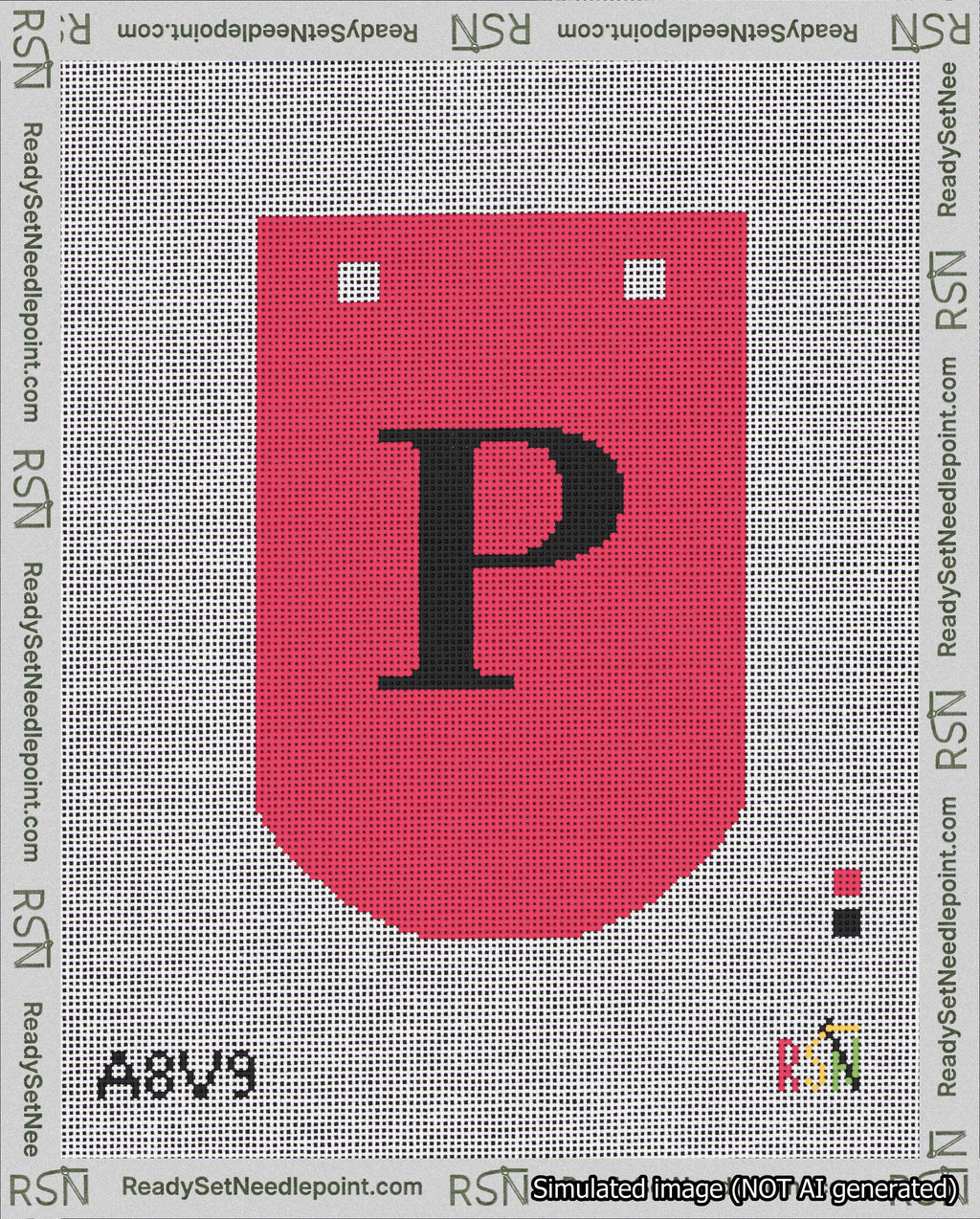 A taped needlepoint canvas with the design: Banner 18 mesh count Curved P Black on Red.