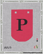 A taped needlepoint canvas with the design: Banner 18 mesh count Curved P Black on Red.