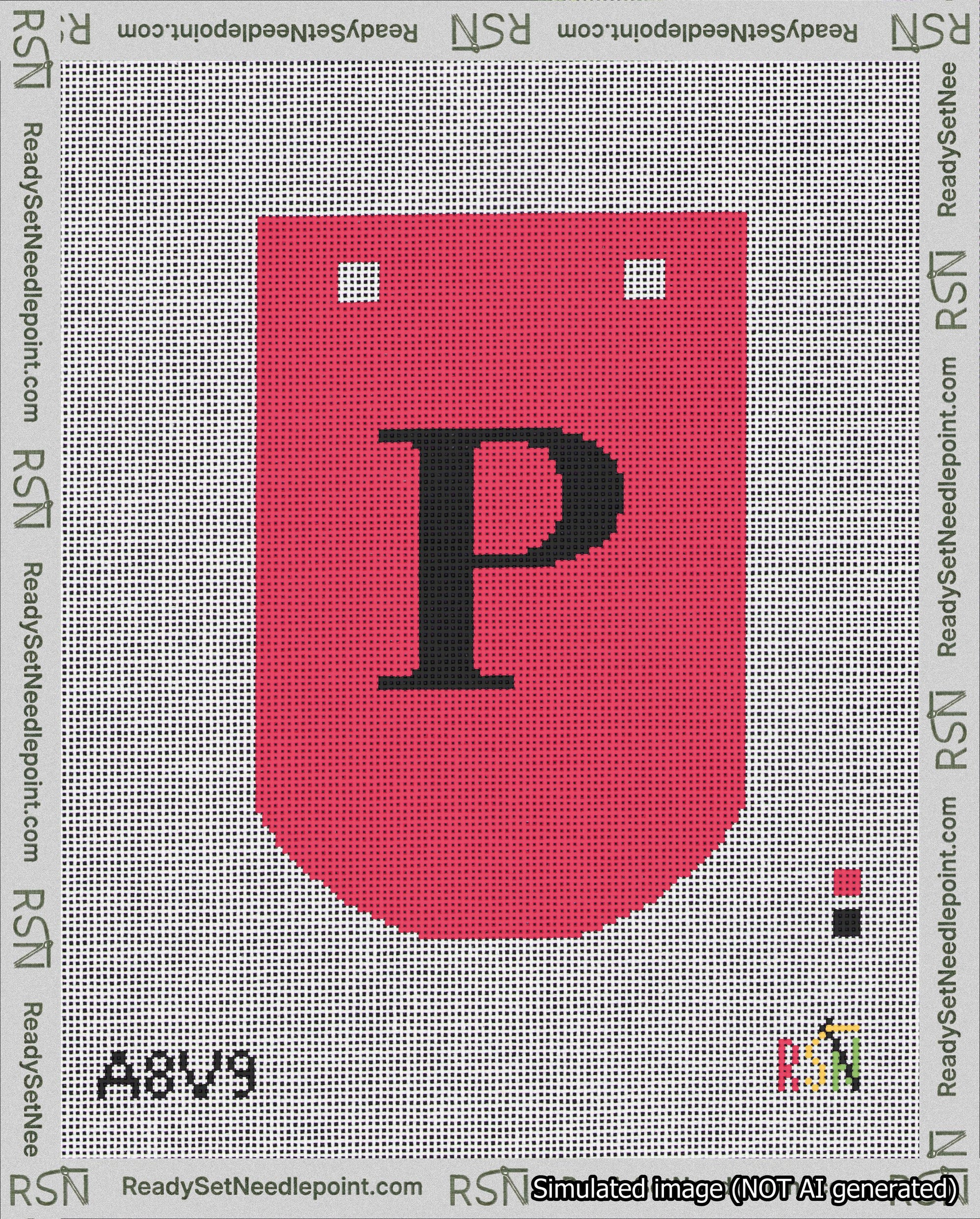 A taped needlepoint canvas with the design: Banner 18 mesh count Curved P Black on Red.