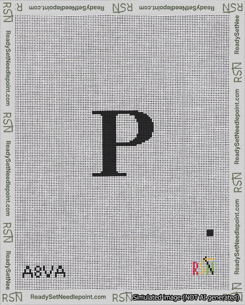 A taped needlepoint canvas with the design: Banner 18 mesh count Curved P Black on White.