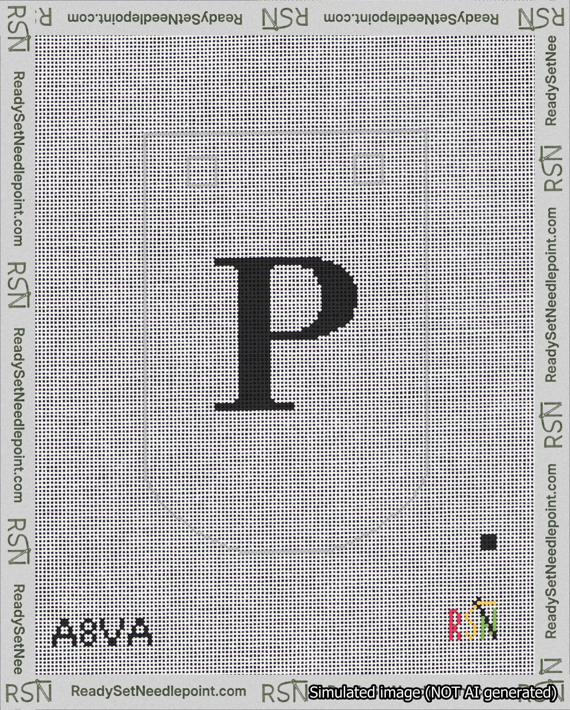 A taped needlepoint canvas with the design: Banner 18 mesh count Curved P Black on White.