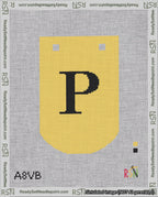 A taped needlepoint canvas with the design: Banner 18 mesh count Curved P Black on Yellow.