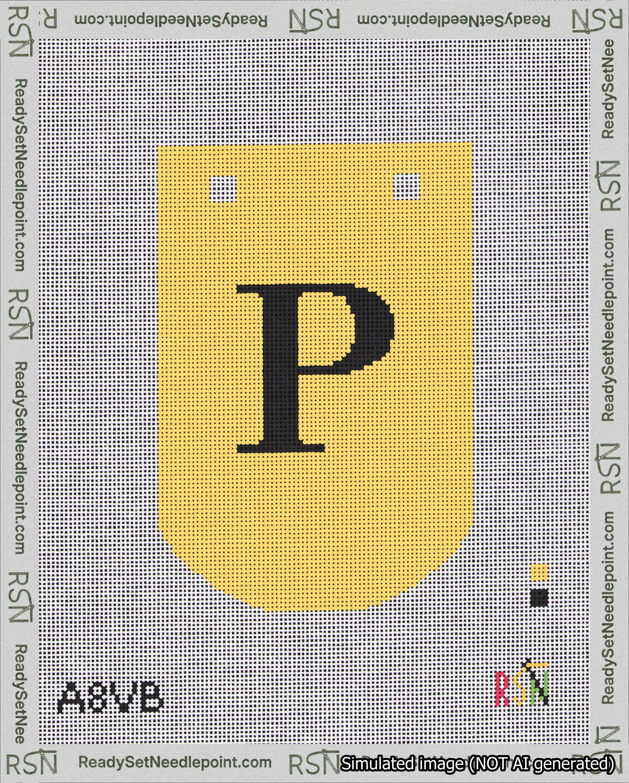 A taped needlepoint canvas with the design: Banner 18 mesh count Curved P Black on Yellow.