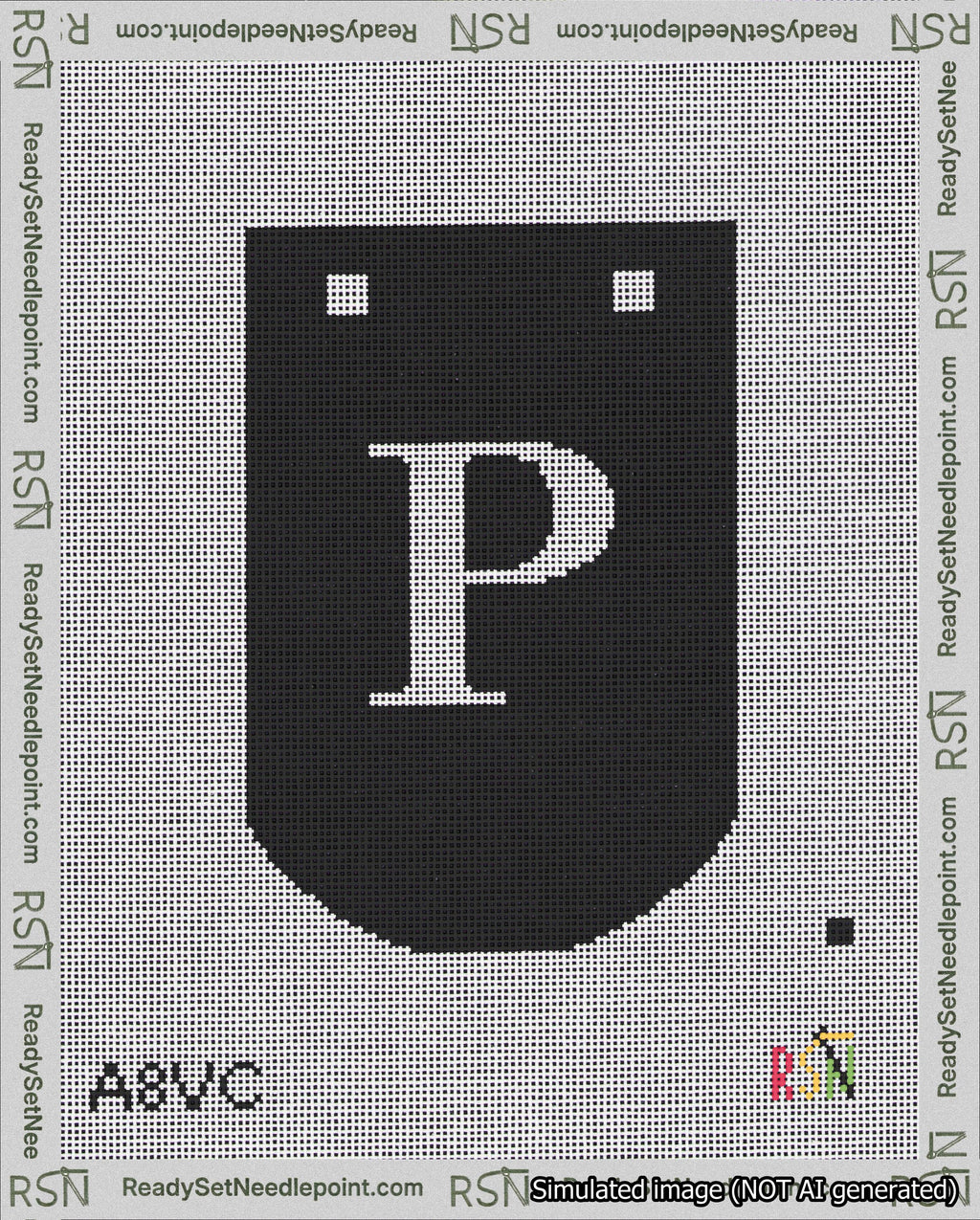 A taped needlepoint canvas with the design: Banner 18 mesh count Curved P White on Black.