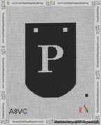 A taped needlepoint canvas with the design: Banner 18 mesh count Curved P White on Black.