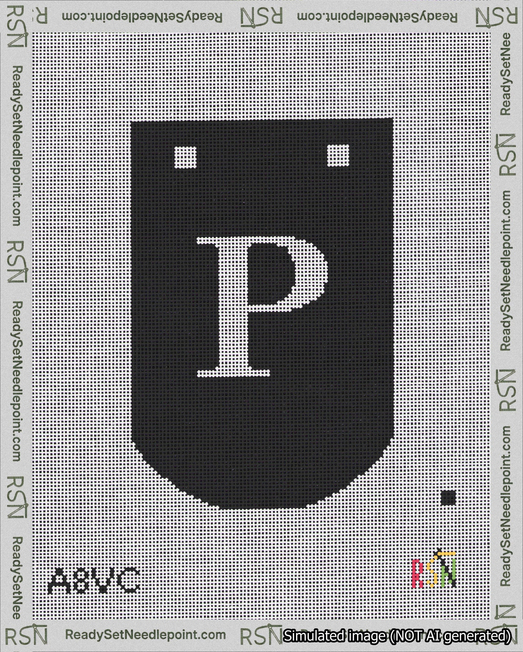 A taped needlepoint canvas with the design: Banner 18 mesh count Curved P White on Black.