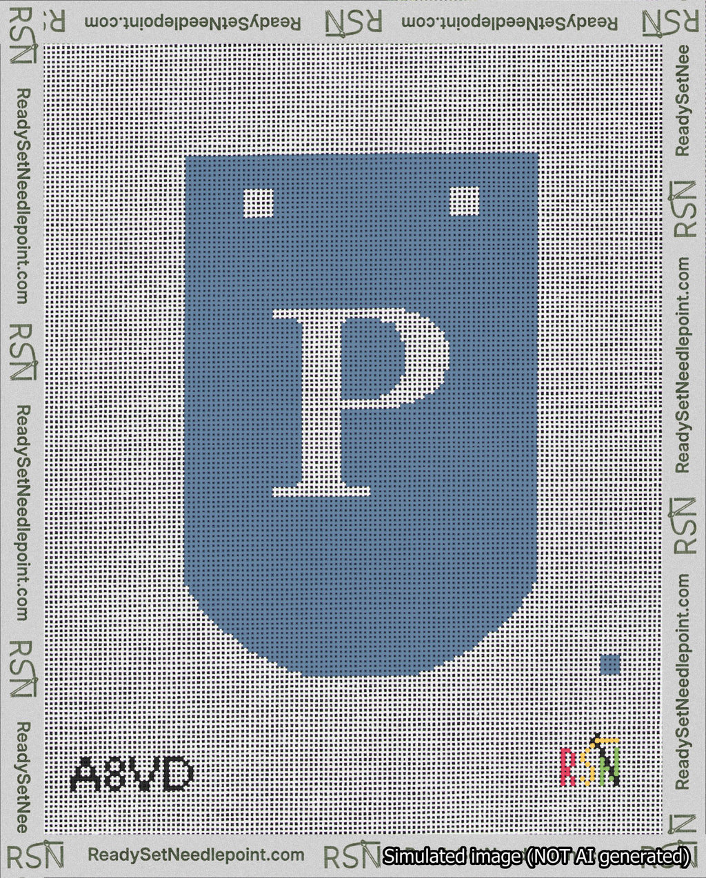 A taped needlepoint canvas with the design: Banner 18 mesh count Curved P White on Blue.