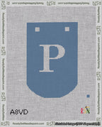 A taped needlepoint canvas with the design: Banner 18 mesh count Curved P White on Blue.