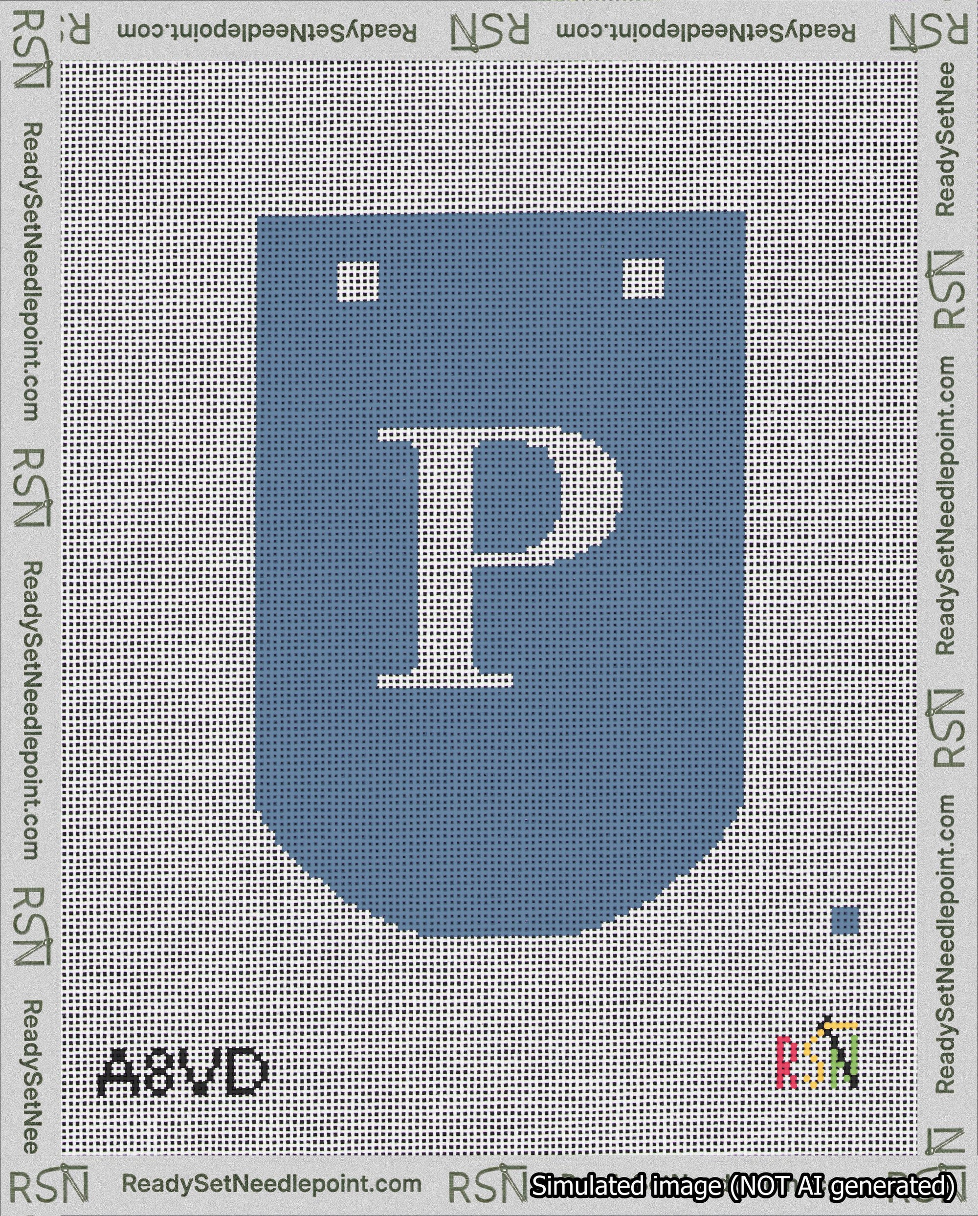 A taped needlepoint canvas with the design: Banner 18 mesh count Curved P White on Blue.