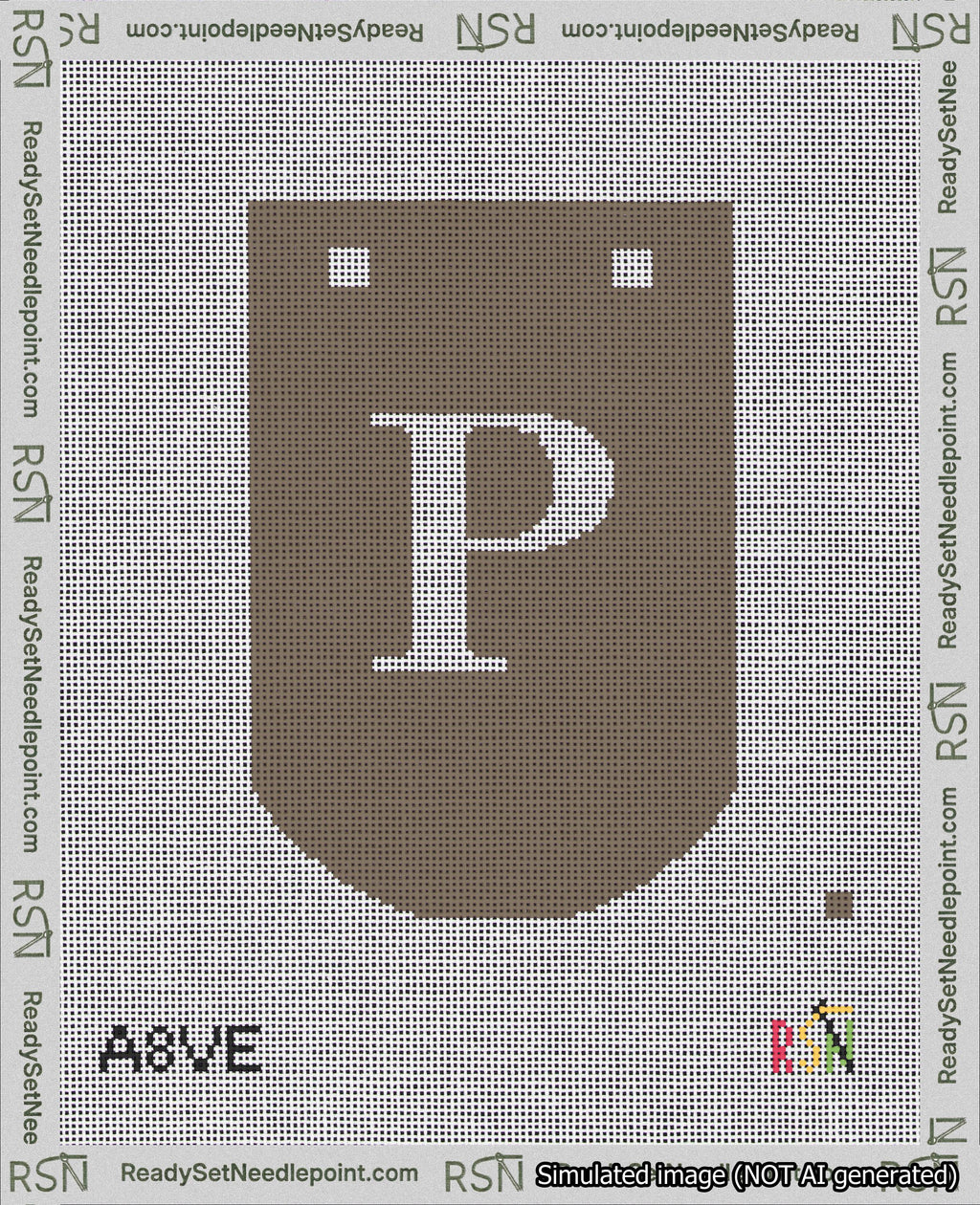 A taped needlepoint canvas with the design: Banner 18 mesh count Curved P White on Brown.