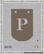 A taped needlepoint canvas with the design: Banner 18 mesh count Curved P White on Brown.