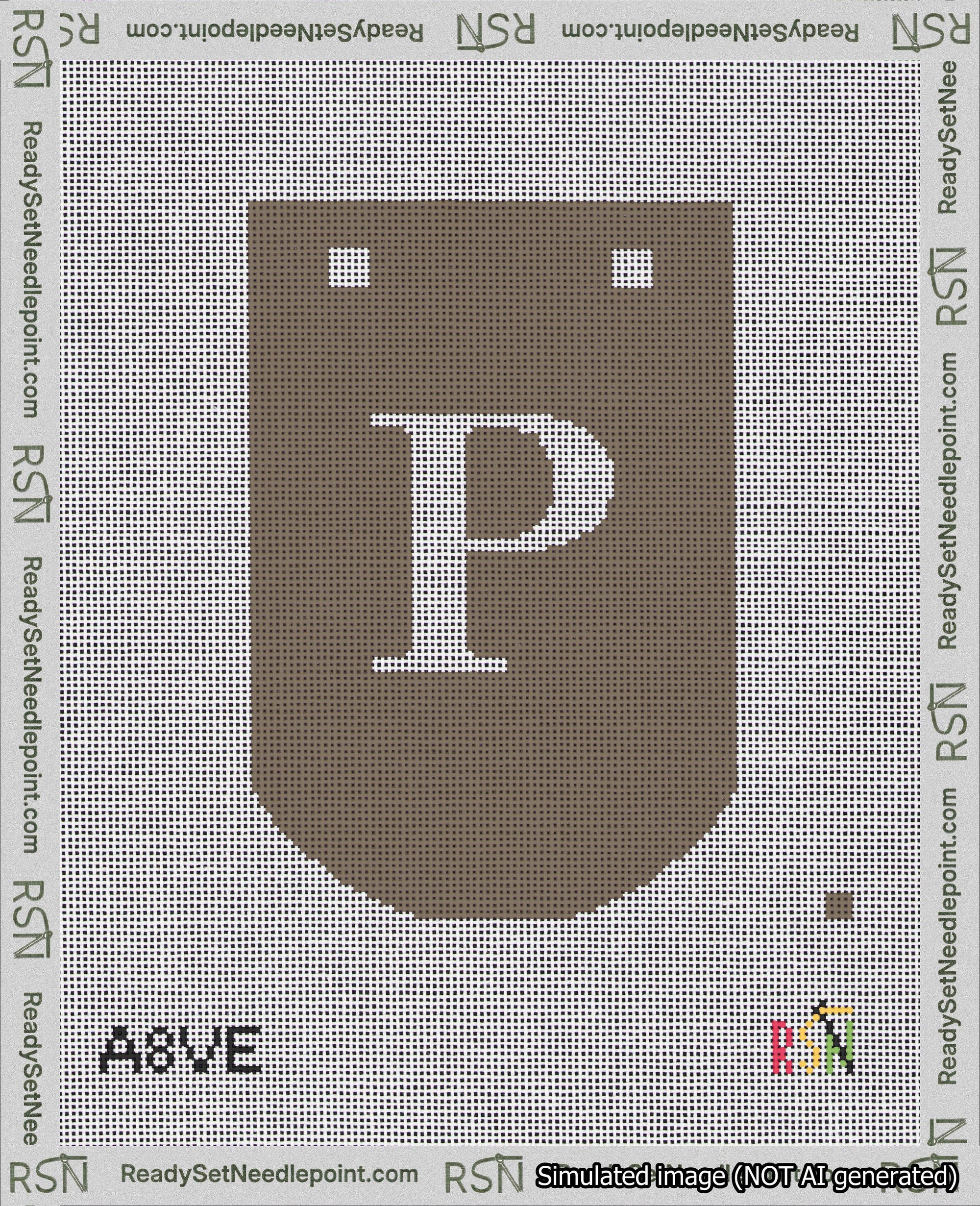 A taped needlepoint canvas with the design: Banner 18 mesh count Curved P White on Brown.