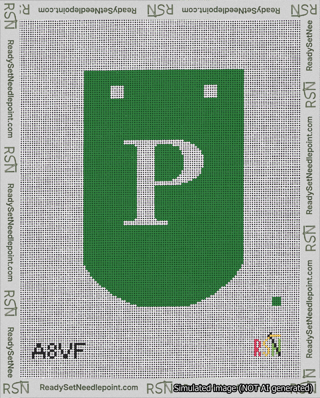 A taped needlepoint canvas with the design: Banner 18 mesh count Curved P White on Green.
