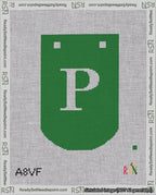 A taped needlepoint canvas with the design: Banner 18 mesh count Curved P White on Green.