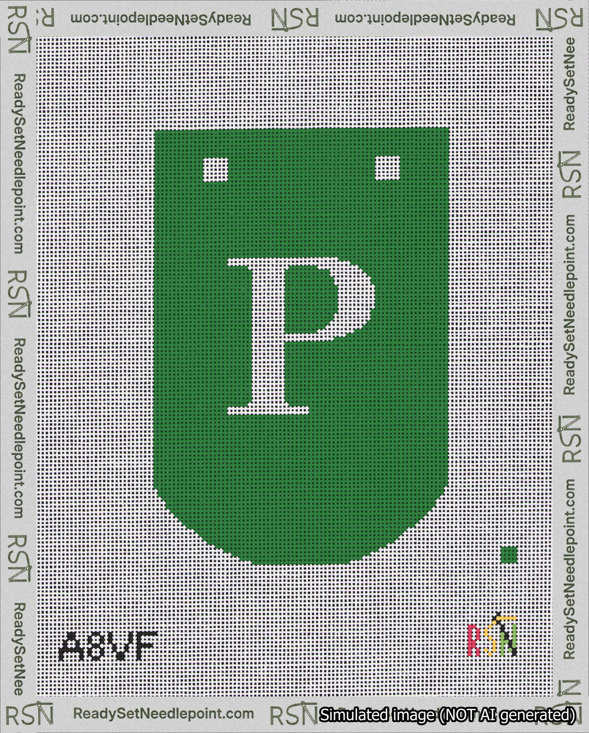 A taped needlepoint canvas with the design: Banner 18 mesh count Curved P White on Green.