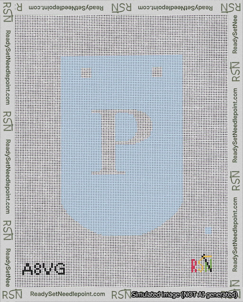 A taped needlepoint canvas with the design: Banner 18 mesh count Curved P White on Light Blue.
