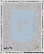 A taped needlepoint canvas with the design: Banner 18 mesh count Curved P White on Light Blue.
