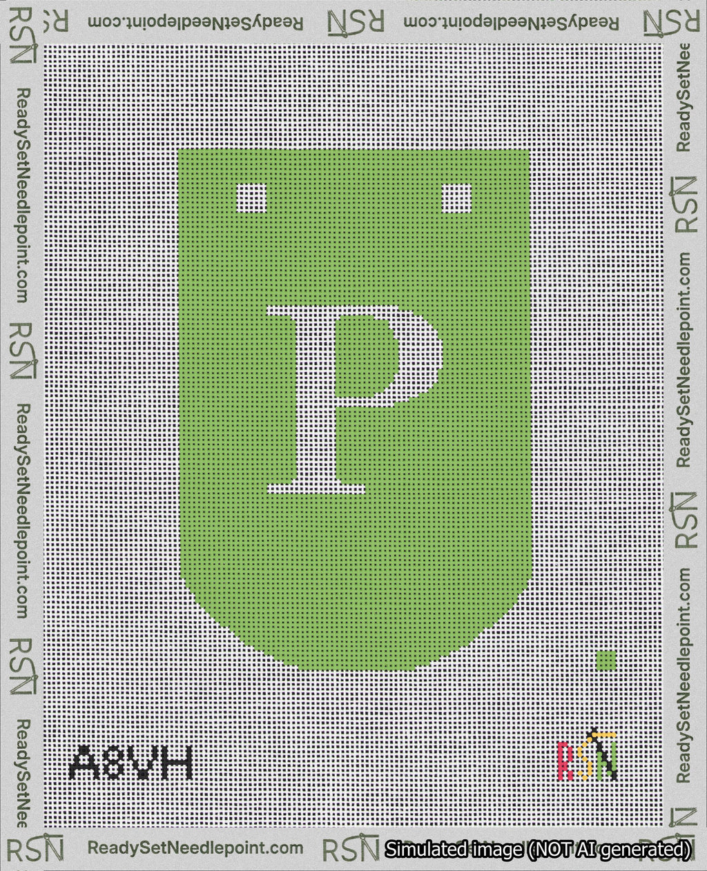 A taped needlepoint canvas with the design: Banner 18 mesh count Curved P White on Light Green.