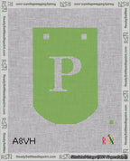 A taped needlepoint canvas with the design: Banner 18 mesh count Curved P White on Light Green.